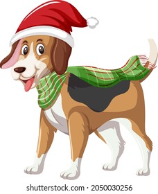 Beagle Dog wearing Christmas hat cartoon character  illustration