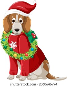 Beagle Dog wearing Christmas hat cartoon character  illustration