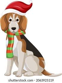 Beagle Dog wearing Christmas hat cartoon character  illustration