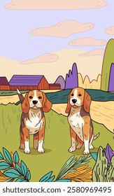 Beagle dogs countryside landscape colorful fields nature scene with two beagles on green grass surrounded by vibrant plants hills and barns cartoon style