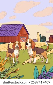 Beagle dogs farm setting countryside scene adorable beagles standing on grass near red barn colorful plants and sky charming rural landscape