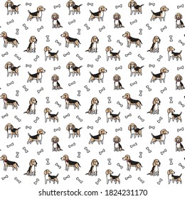 Beagle dogs vector seamless pattern on white background. Creative doodle style pattern with beagle dogs and bones for print, fabric, texture, wallpaper, wrapping, textile, etc. 
