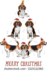 Beagle dogs wearing winter hats. Cute funny dogs.Abstract Christmas tree. Vector illustration. Merry Christmas greeting card with the cute funny dogs, holiday, purebred with happy eyes, sitting.