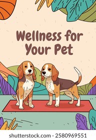 Beagle dogs wellness theme colorful leaves background playful scene cartoon style