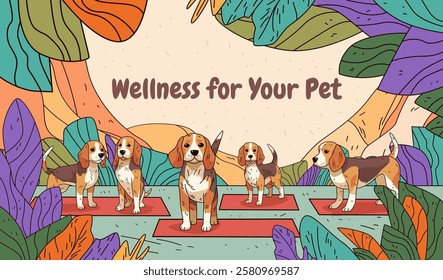 Beagle dogs wellness theme colorful nature background with dogs on mats surrounded by abstract leaves in vibrant colors ideal for pet care website banner