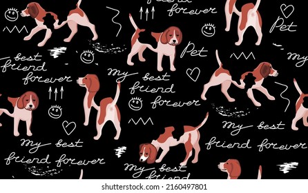 Beagle dogs,lettering and doodle elements.Seamless pattern with animal character in cartoon style on black.Background and texture for printing on fabric and paper.Vector illustration.