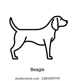 Beagle icon. Purebred dog standing sideways. Breed domestic pet sign in minimalist style. Editable strokes, thin line. For label, pet shop, dogs nutrition.