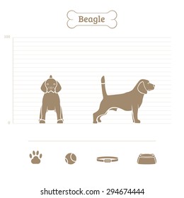 Beagle on the dimensional scale. Items for dogs. Face and profile. Vector illustration.