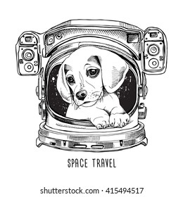 Beagle pup portrait in a Astronaut's Helmet. Vector illustration.