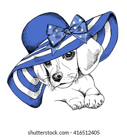 Beagle Puppy in a blue summer sun hat. Vector illustration.