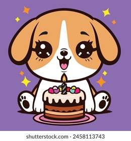 Beagle puppy cute dog with a birthday cake 