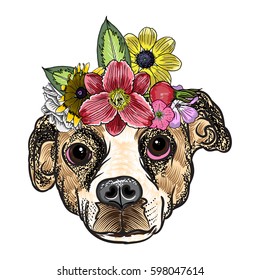 Beagle puppy in the exotic flower roses wreath crown. Tattoo or T - shirt dress poster boho Chic dog portrait concept. Fashion illustration. Hand drawn domestic dog vector.