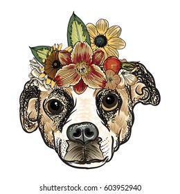 Beagle puppy in the exotic flower roses wreath crown. Tattoo or T - shirt dress poster boho Chic dog portrait concept. Fashion illustration. Hand drawn domestic dog vector.