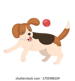 Beagle puppy playing with a ball isolate on a white background. Vector graphics.