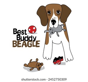 Beagle puppy playing with toys. Best buddy beagle text