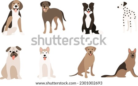  beagle, rottweiler, border collie, dalmatian, pug, akita, shiba, ridgeback, shepherd dogs on transparent background. cute, sweet puppy, pet. vector, image, clip art, elements. isolated on transparent