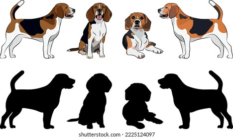 Beagle silhouettes. Laying, sitting, standing dog. Cute brown dogs characters in various poses, design for print, cute cartoon vector set, in different poses. One color design. Small dog.
