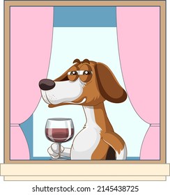 A beagle sip wine cartoon character illustration