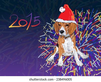 Beagle wear christmas hat with fireworks background design for newyear 2015 card