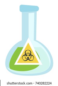 Beaker con signo de advertencia de riesgo biológico relleno de líquido verde. Ilustración de dibujos animados de vectores aislados en fondo blanco.