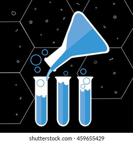 beaker with blue liquid is pouring into the tubes illustration isolated in a black background