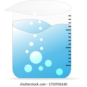 Beaker and bubble in blue water on white isolate background