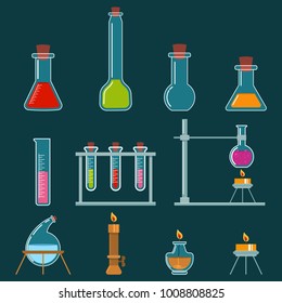 Beaker and burner types set. Laboratory glassware for chemical, medical and scientific research and experiments. Vector cartoon icons isolated on background.