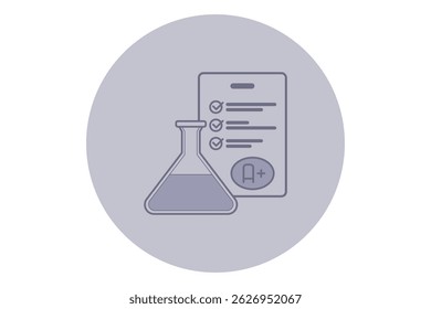 Beaker filled with liquid alongside checklist emphasizing education and assessment criteria in science context