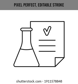 Beaker, Flask Object. Chemical Laboratory Research. Proven Medicine, Vaccine Development. Approved Treatment. Medical Research. Editable Stroke. Vector Illustration