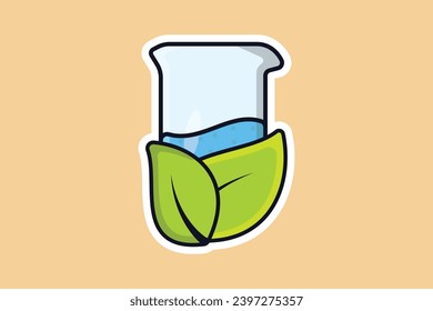 Beaker Glass Chemical Liquid with Green Leaves Sticker design vector illustration. Medical laboratory and Pharmacy objects icon concept. Chemical glass and green leaves sticker design icons logo.