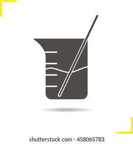 Beaker with glass rod and liquid icon. Chemistry experiment. Drop shadow silhouette symbol. Negative space. Vector isolated illustration