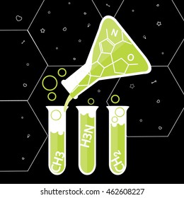 beaker green liquid is pouring into the tubes illustration isolated in a black background