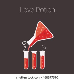 beaker with Hearts liquid is pouring into the tubes illustration isolated in a black background