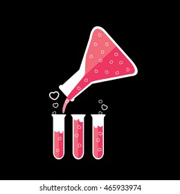 beaker with Hearts and pink liquid is pouring into the tubes illustration isolated in a black background