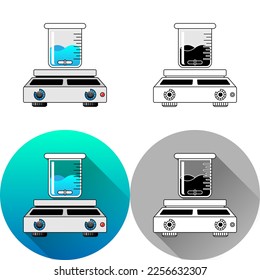 Beaker and Heating-Magnetic Stirrer Laboratory Equipment Icon, Set of Flat Long Shadow, Color, Black-White Silhouette, Line Art Logo Icon Symbol Isolated on White Background for Science Medical