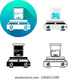 Beaker and Heating-Magnetic Stirrer Laboratory Equipment, Set of Flat Long Shadow, Color, Black-White Silhouette, Line Art Icon Symbol Logo Isolated on White Background