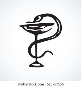 Beaker of Hygieia insignia isolated on white background. Web abstract caduceus ui line logo concept. Freehand black ink outline hand drawn emblem sketchy in art retro doodle graphic style pen on paper