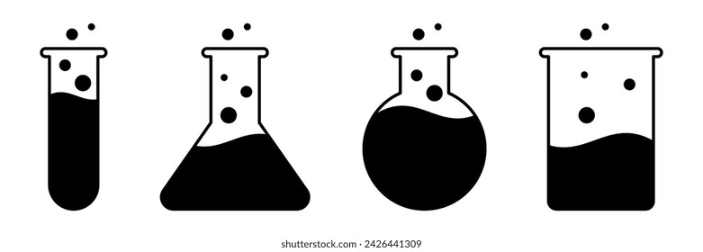 colección de iconos de vasos, símbolos de vasos de laboratorio. diseño plano de fondo blanco. vector para aplicación, web, medios sociales, folleto. ilustración temática de ciencia tecnología