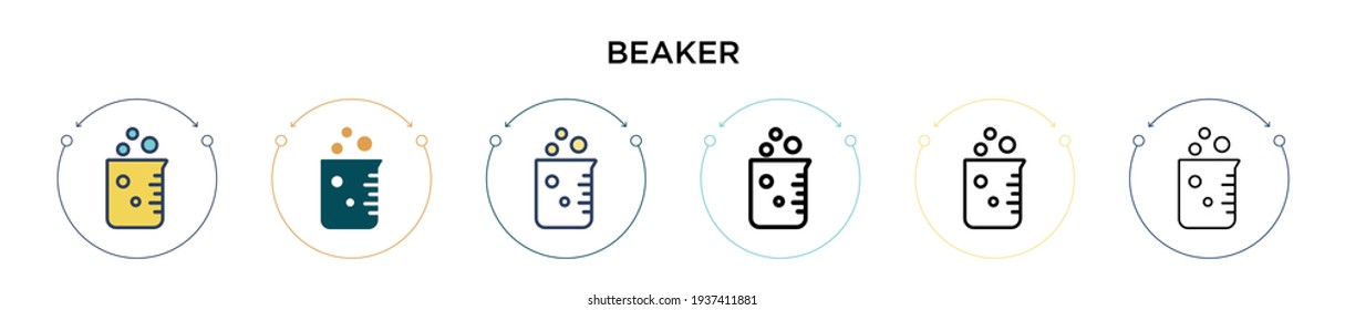 Icono del vaso de precipitado en el estilo relleno, delgado, contorno y trazo. Ilustración vectorial de dos iconos vectoriales coloridos y negros de beaker se pueden utilizar para móviles, ui, web