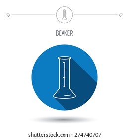 Beaker icon. Laboratory flask sign. Chemistry or pharmaceutical symbol. Blue flat circle button. Linear icon with shadow. Vector
