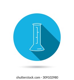 Beaker icon. Laboratory flask sign. Chemistry or pharmaceutical symbol. Blue flat circle button with shadow. Vector