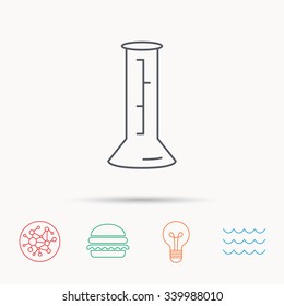 Beaker icon. Laboratory flask sign. Chemistry or pharmaceutical symbol. Global connect network, ocean wave and burger icons. Lightbulb lamp symbol.