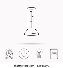 Beaker icon. Laboratory flask sign. Chemistry or pharmaceutical symbol. Download arrow, lamp, learn book and award medal icons.