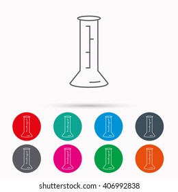 Beaker icon. Laboratory flask sign. Chemistry or pharmaceutical symbol. Linear icons in circles on white background.