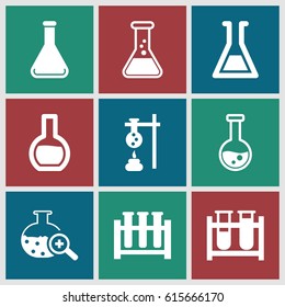 Beaker icons set. set of 9 beaker filled icons such as test tube