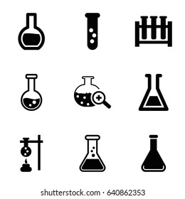 Iconos de los beaker. conjunto de 9 iconos rellenos de beaker como la búsqueda de tubos de prueba