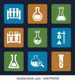 Beaker icons set. set of 9 beaker filled icons such as test tube