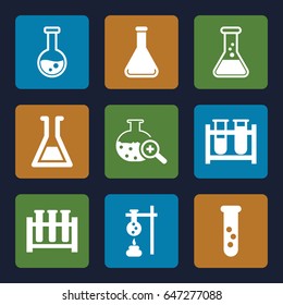 Beaker icons set. set of 9 beaker filled icons such as test tube