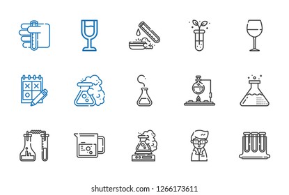 beaker icons set. Collection of beaker with test tubes, scientist, flask, trial, wine glass, test tube. Editable and scalable beaker icons.