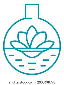 Beaker with liquid and flower, isolated sign of natural organic cosmetic products useful for skin and body. Treatment and care, dermatology and cosmetology. Line art, simple vector in flat style